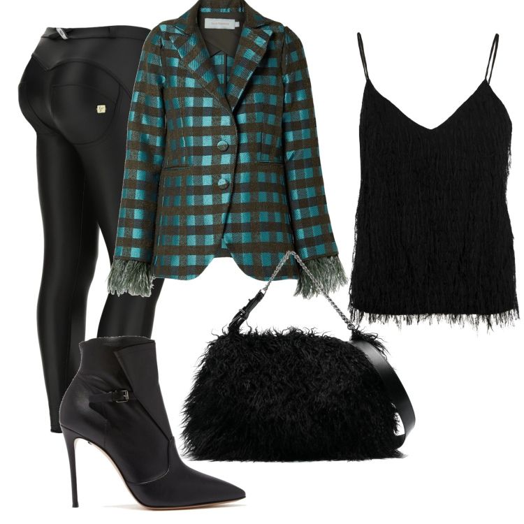 Outfit donna - Turchese a quadri. Stile Trendy per Serata fuori. Abbinamento con blazer, top, stivaletti, borse a spalla, pantaloni skinny.