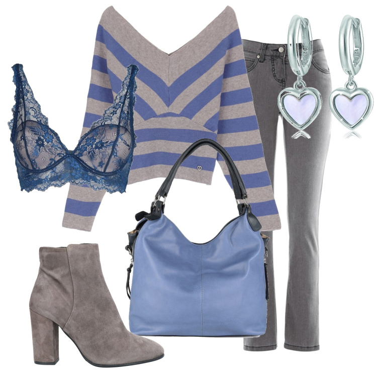 Outfit donna - Cuore tenero. Stile Basic per Tutti i giorni. Abbinamento con jeans slim fit, stivaletti, bralette, borse a spalla, maglieria, orecchini.