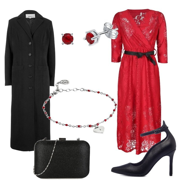 Outfit donna - Febbraio il mese dell\'amore. Stile Chic per Serata fuori. Abbinamento con cappotti, vestiti lunghi, pochette, braccialetti, orecchini, décolleté.