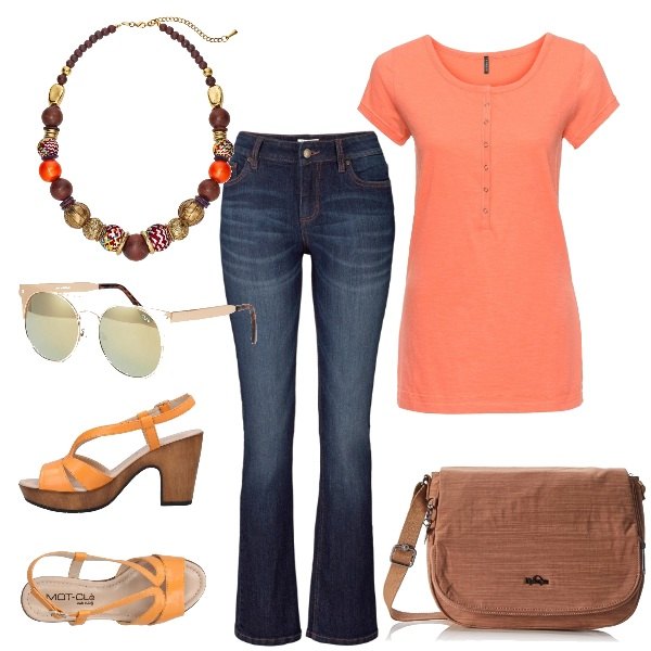 Outfit donna - TSK Very orange. Stile Basic per Tutti i giorni. Abbinamento con jeans bootcut, maglia arancione, collana con perle oro, sandali con tacco squadrato e cinturino interno in pelle con punta tonda tinta unita, borsa a tracolla, occhiali da sole da aviatore lenti sfumate stanghette sottili protezione dai raggi oro.