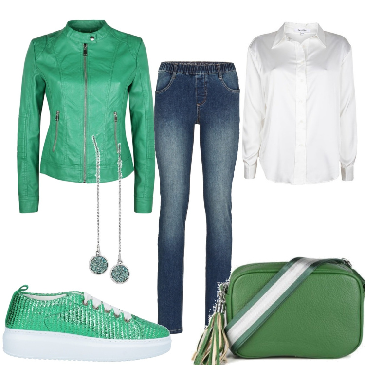 Outfit donna - Verde casual. Stile Casual per Tutti i giorni. Abbinamento con sneakers, jeggings, borse a mano, giacche, camicie, orecchini.