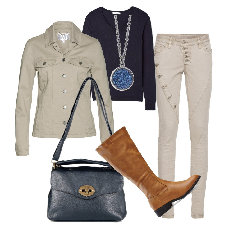 Outfit donna - Blu e avorio. Stile Casual per Tutti i giorni. Abbinamento con blazer, stivali, pantaloni, maglieria, borse a mano, ciondoli.
