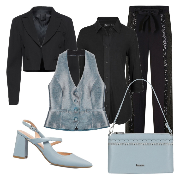 Outfit donna - Satin and sequins. Stile Chic per Serata fuori. Abbinamento con camicie, pantaloni, borse a mano, blazer, gilet, décolleté.