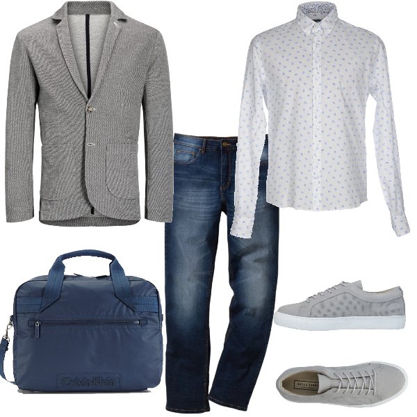 Outfit uomo - Camicia fiorata in ufficio. Stile Trendy per Ufficio. Abbinamento con jeans dritti.