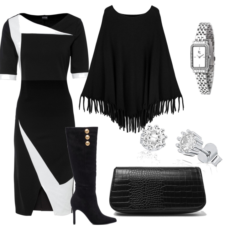Outfit donna - Black and white. Stile Chic per Serata fuori. Abbinamento con vestiti a tubino, orecchini, orologi, borse a spalla, cappotti, stivali sopra il ginocchio.