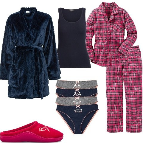 Outfit donna - Notte calda e comoda. Stile Casual per Tutti i giorni. Abbinamento con pigiama, vestaglie, slip, pantofole, canottiere.