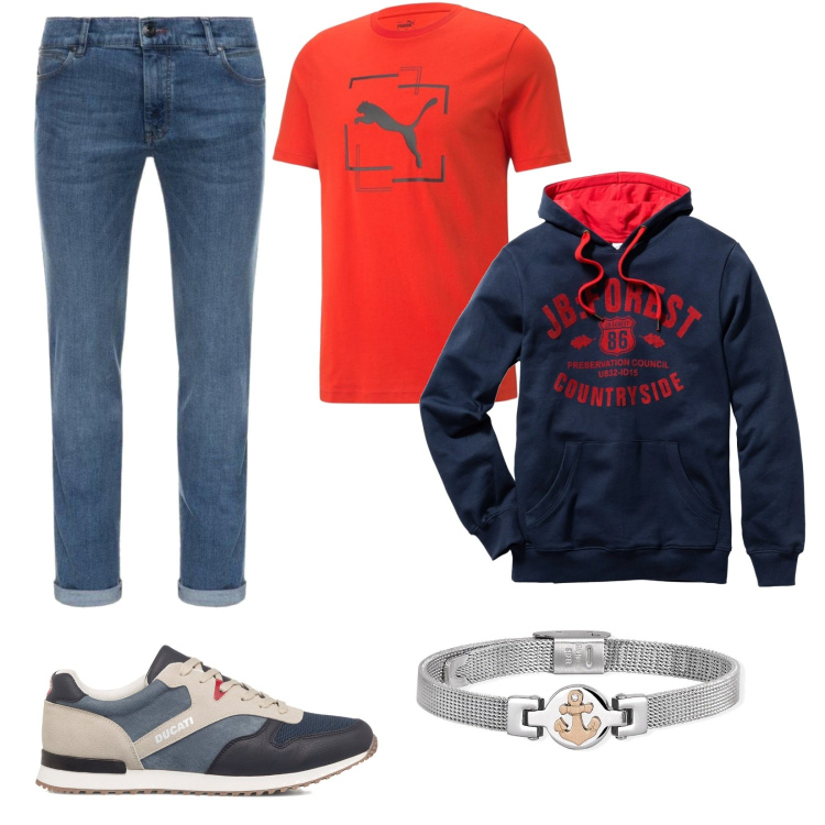 Outfit uomo - Un pranzo in famiglia. Stile Urban per Tutti i giorni. Abbinamento con felpe con cappuccio, braccialetti, jeans, sneakers, t-shirt.