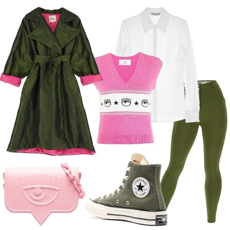 Outfit donna - Al Festival. Stile Urban per Tutti i giorni. Abbinamento con felpe, borse a tracolla, camicie, sneakers, pantaloni skinny, trench.