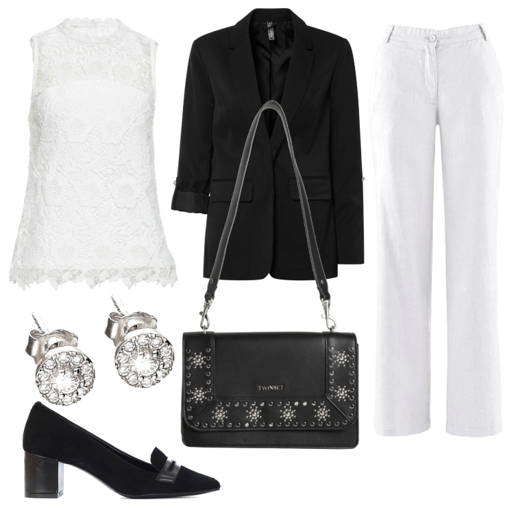 Outfit donna - Brividi (Mahmood e Blanco). Stile Chic per Serata fuori. Abbinamento con pantaloni, top, blazer, borse a spalla, décolleté, orecchini.
