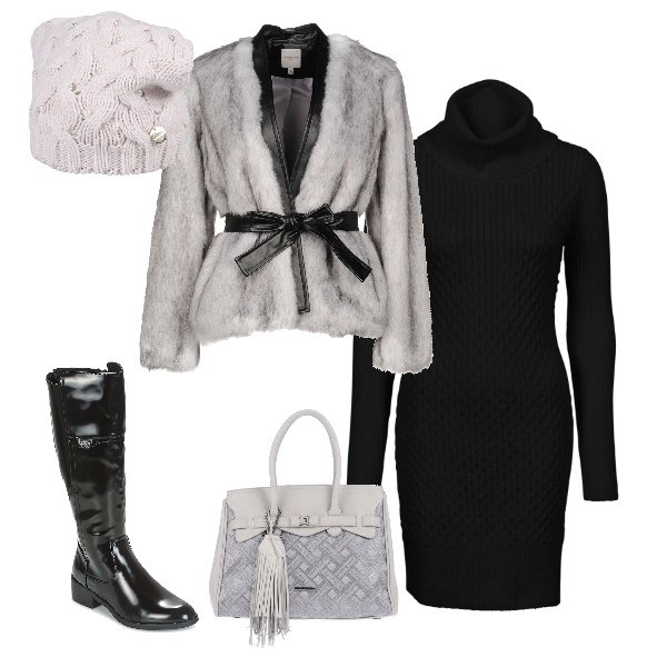 Outfit donna - Trendy #19712. Stile Trendy per Tutti i giorni. Abbinamento con vestiti, ecopelliccia in pelle sintetica, borsa a mano maxi fantasia con frange e zip interno foderato fondo con piedini, cappello lavorato a maglia tinta unita, stivali nero.