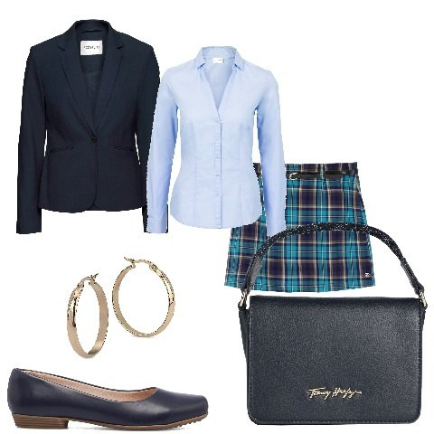 Outfit donna - In divisa scozzese. Stile Bon Ton per Tutti i giorni. Abbinamento con blazer, camicie, borse a mano, orecchini, gonne, ballerine.