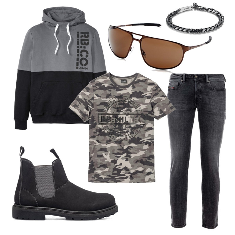 Outfit uomo - Grigio. Stile Biker Rock per Tutti i giorni. Abbinamento con felpe con cappuccio, t-shirt, braccialetti, jeans, stivali e stivaletti, occhiali da sole.
