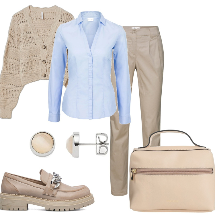 Outfit donna - Mi vesto bon ton. Stile Bon Ton per Tutti i giorni. Abbinamento con pantaloni chino, camicie, borse a mano, cardigans, mocassini, orecchini.