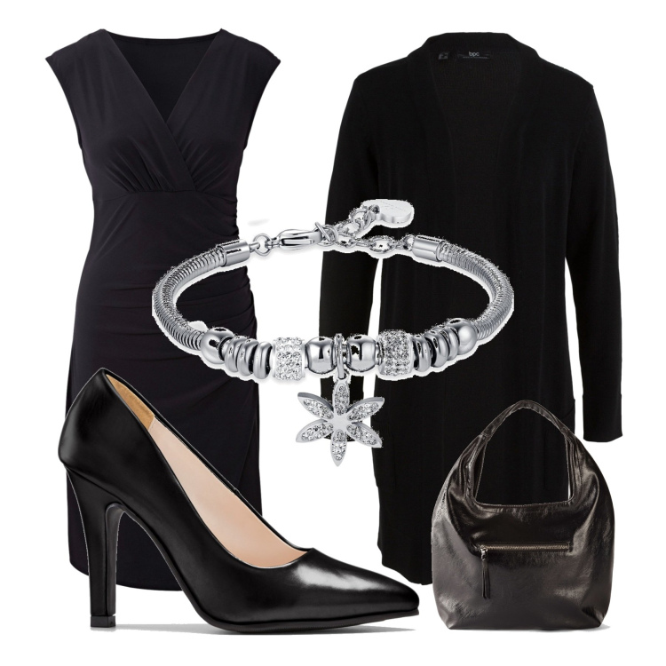 Outfit donna - San valentino in black. Stile Chic per Serata fuori. Abbinamento con cardigans, vestiti, décolleté, borse a mano, braccialetti.