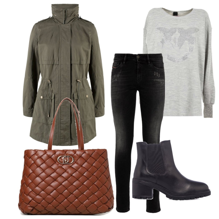 Outfit donna - Il giubbotto con collo alto. Stile Casual chic per Tutti i giorni. Abbinamento con parka, shopping bag, jeans skinny, maglieria, stivaletti.
