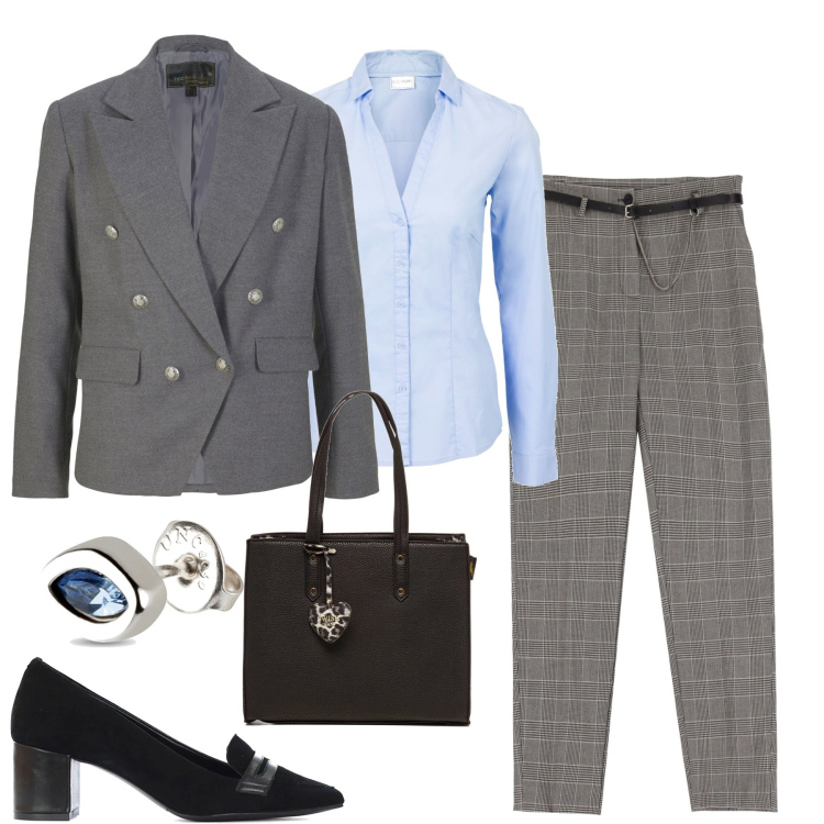 Outfit donna - In ufficio. Stile Casual chic per Ufficio. Abbinamento con camicie, blazer, décolleté, pantaloni, orecchini, borse a spalla.