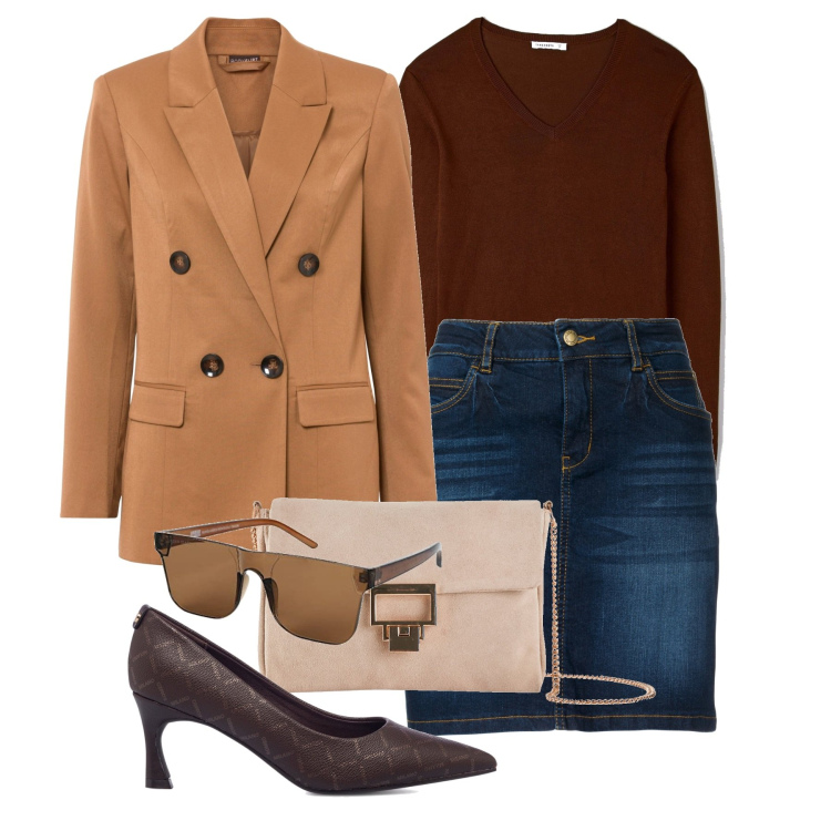 Outfit donna - Presto fatto. Stile Casual chic per Tutti i giorni. Abbinamento con gonne, blazer, pochette, maglieria, décolleté, occhiali da sole.