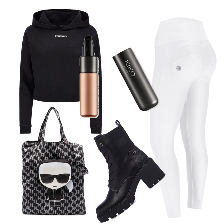 Outfit donna - Total look #1535215. Stile Urban per Tutti i giorni. Abbinamento con borse tote, pantaloni skinny, felpe con cappuccio, anfibi, rossetti.