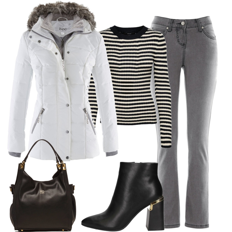 Outfit donna - In città. Stile Casual per Tutti i giorni. Abbinamento con piumini, jeans slim fit, stivaletti, pullovers, borse a spalla.
