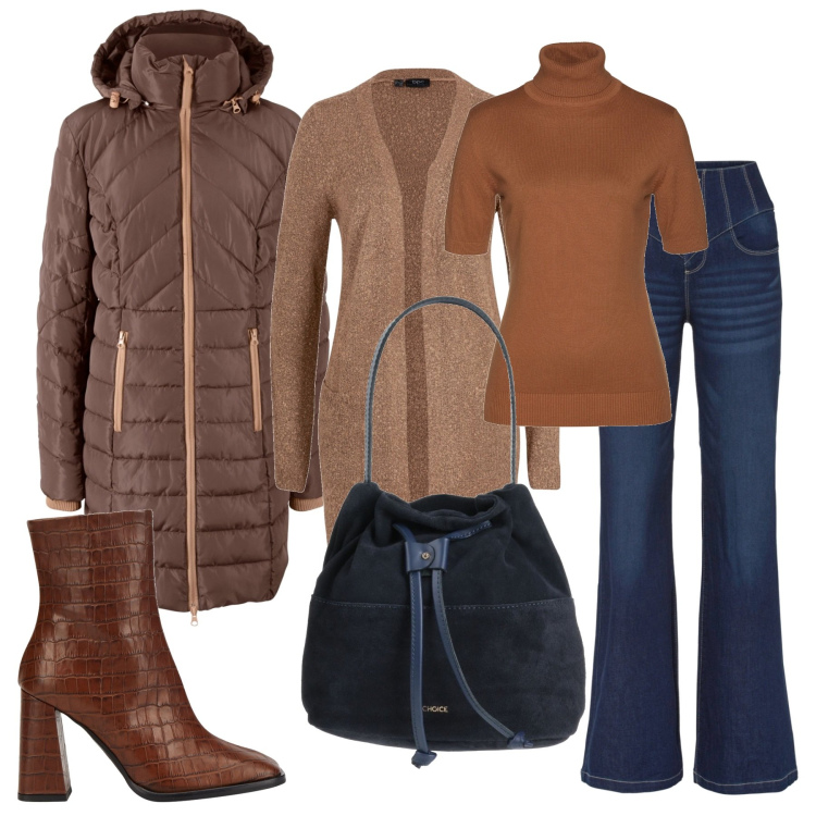 Outfit donna - Finalmente io. Stile Basic per Tutti i giorni. Abbinamento con blazer, maglieria, jeans a zampa, cardigans, stivaletti, borse a mano.