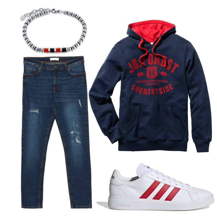 Outfit uomo - Salve!. Stile Urban per Tutti i giorni. Abbinamento con felpe con cappuccio, braccialetti, jeans skinny, sneakers.