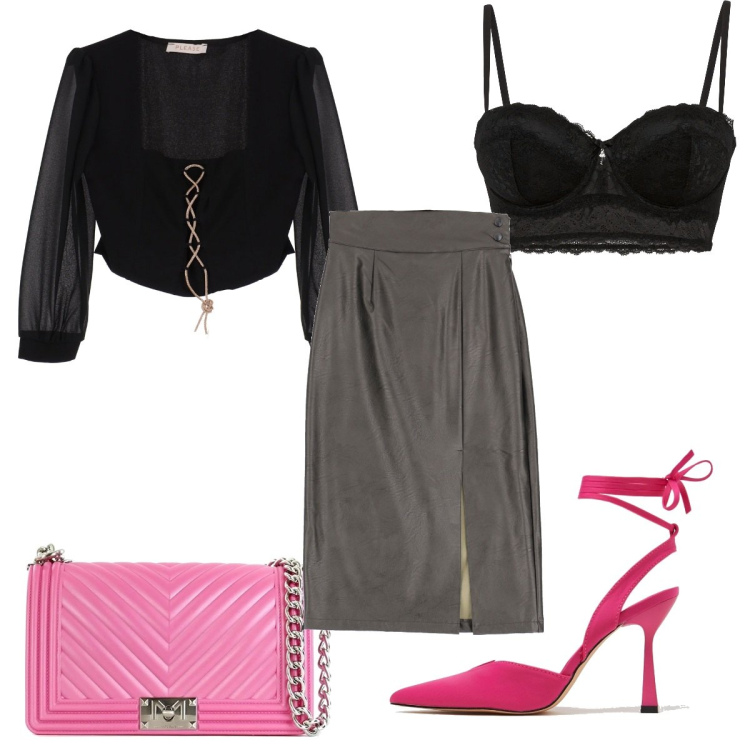 Outfit donna - San Valentino sexy. Stile Sexy per Serata fuori. Abbinamento con reggiseni a balconcino, borse a mano, bluse, décolleté, gonne longuette.