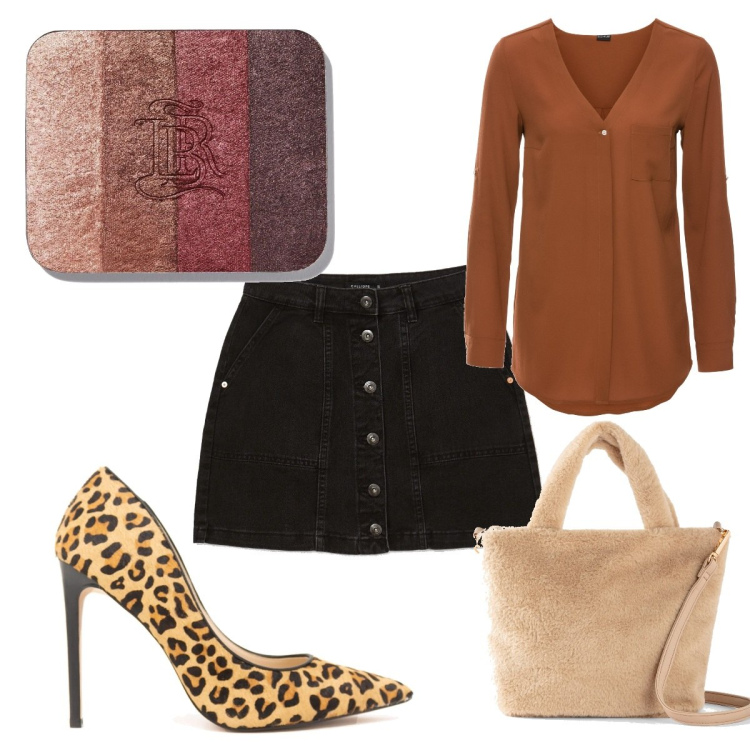 Outfit donna - Décolleté animalier. Stile Trendy per Tutti i giorni. Abbinamento con camicie, borse a mano, décolleté, minigonne, ombretti.