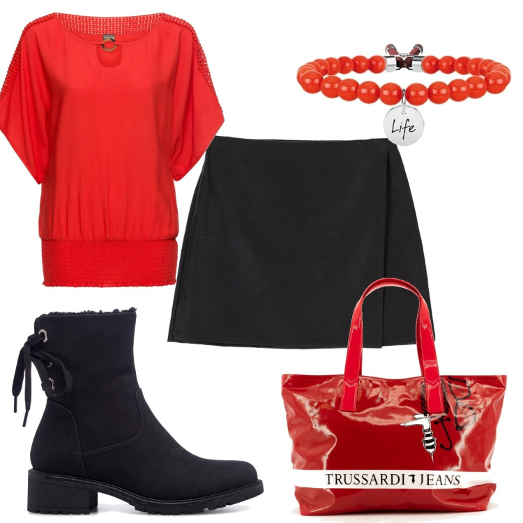 Outfit donna - La borsa Trussardi. Stile Trendy per Tutti i giorni. Abbinamento con bluse, braccialetti, gonne, borse a mano, stivaletti.
