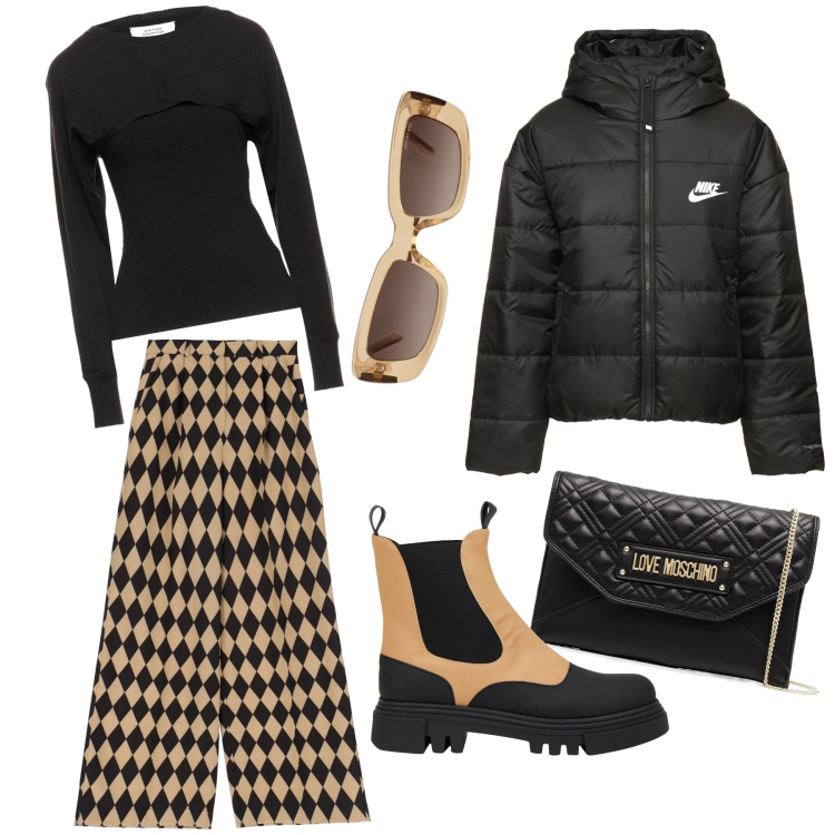 Outfit donna - Casual #3216. Stile Casual per Tutti i giorni. Abbinamento con anfibi, pullovers, clutch, pantaloni a palazzo, piumini, occhiali da sole.