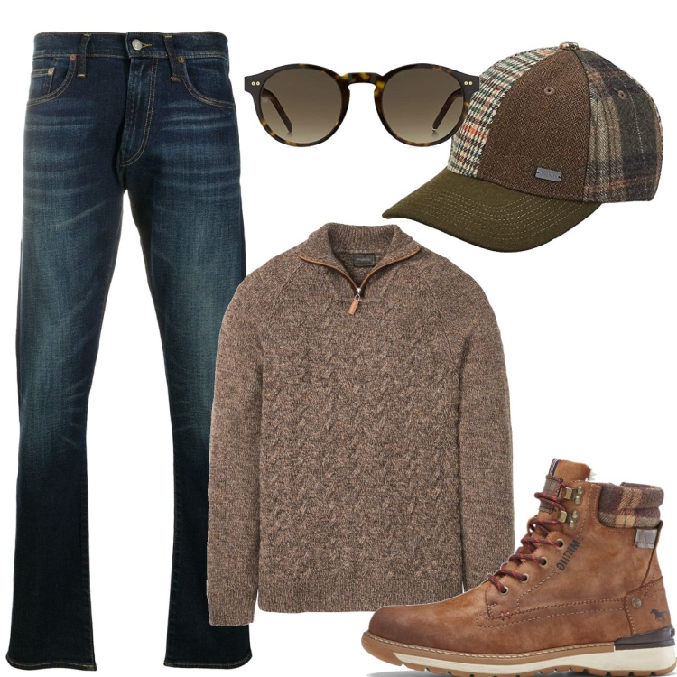 Outfit uomo - Jeans&sc4r90nc1n1. Stile Trendy per Tutti i giorni. Abbinamento con maglieria, stivali e stivaletti, jeans, cappelli con visiera, occhiali da sole.
