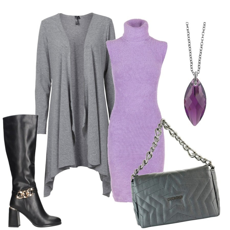 Outfit donna - La pietra viola. Stile Casual chic per Serata fuori. Abbinamento con cardigans, stivali, borse a tracolla, vestiti senza maniche, ciondoli.
