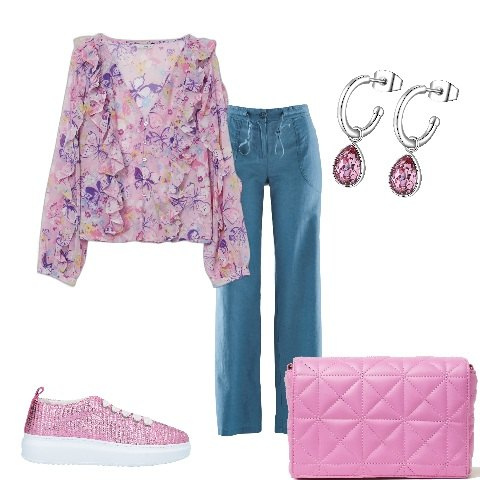 Outfit donna - In camicia fiorata e pantaloni. Stile Glamour per Tutti i giorni. Abbinamento con pantaloni a palazzo, sneakers, orecchini, camicie, borse a spalla.