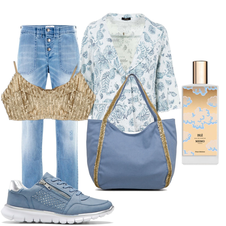 Outfit donna - Light blue and gold. Stile Casual chic per Tutti i giorni. Abbinamento con jeans boyfriend, sneakers, top, blazer, borse a spalla, profumi.