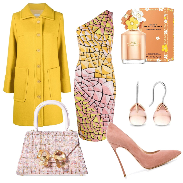 Outfit donna - Serata colorata. Stile Casual chic per Serata fuori. Abbinamento con vestiti asimmetrici, profumi, décolleté, cappotti, orecchini, borse a mano.