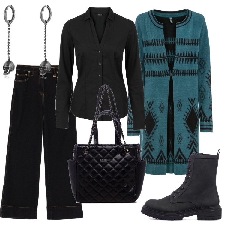 Outfit donna - Decisa in nero. Stile Urban per Tutti i giorni. Abbinamento con camicie, cardigans, orecchini, jeans, anfibi, borse a mano.