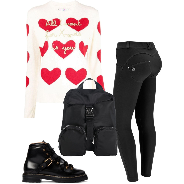 Outfit donna - Febbraio un mese di cuori. Stile Sporty chic per Scuola/Università. Abbinamento con zaini, maglieria, pantaloni skinny, stivaletti.