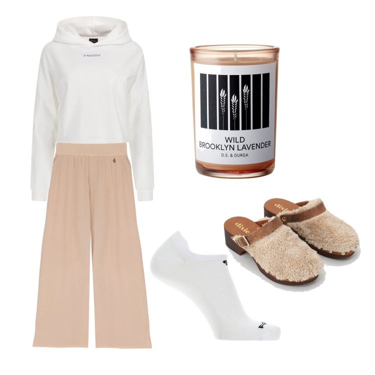 Outfit donna - Relax a casa. Stile Casual per Tutti i giorni. Abbinamento con calzini, felpe con cappuccio, sabot, pantaloni a palazzo, profumi.