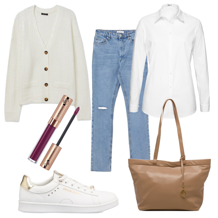 Outfit donna - Urban #1810. Stile Urban per Tutti i giorni. Abbinamento con camicie, jeans strappati, cardigans, sneakers, borse a spalla, rossetti.