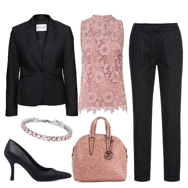 Outfit donna - Pizzo chic. Stile Chic per Cerimonia. Abbinamento con pantaloni, blazer, top, braccialetti, borse a mano, décolleté.