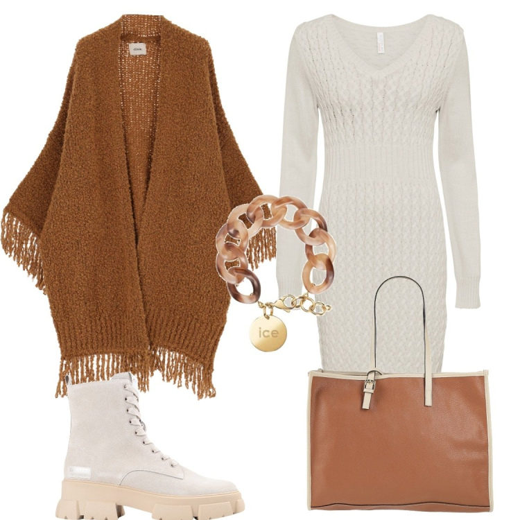 Outfit donna - Outfit beige nr.12. Stile Urban per Tutti i giorni. Abbinamento con vestiti, borse a mano, stivaletti, cardigans, braccialetti.