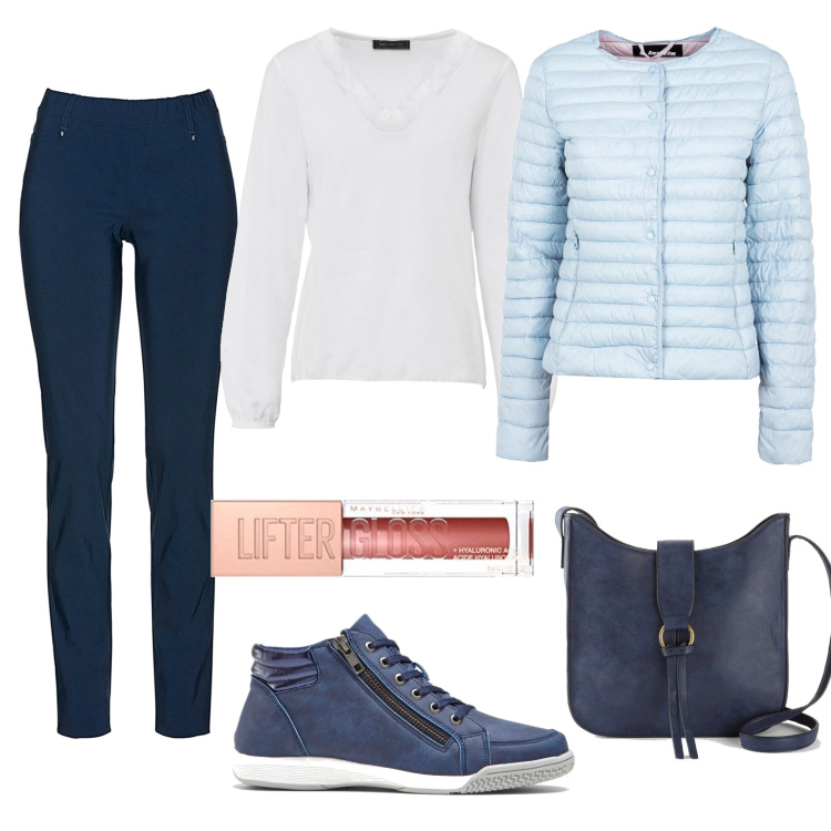 Outfit donna - I pantaloni blu. Stile Casual per Tutti i giorni. Abbinamento con sneakers alte, pantaloni, maglieria, borse a tracolla, piumini, gloss.