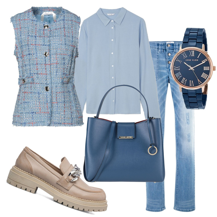 Outfit donna - Il gilet sopra la camicia. Stile Basic per Tutti i giorni. Abbinamento con jeans boyfriend, blazer, borse a mano, camicie, mocassini, orologi.