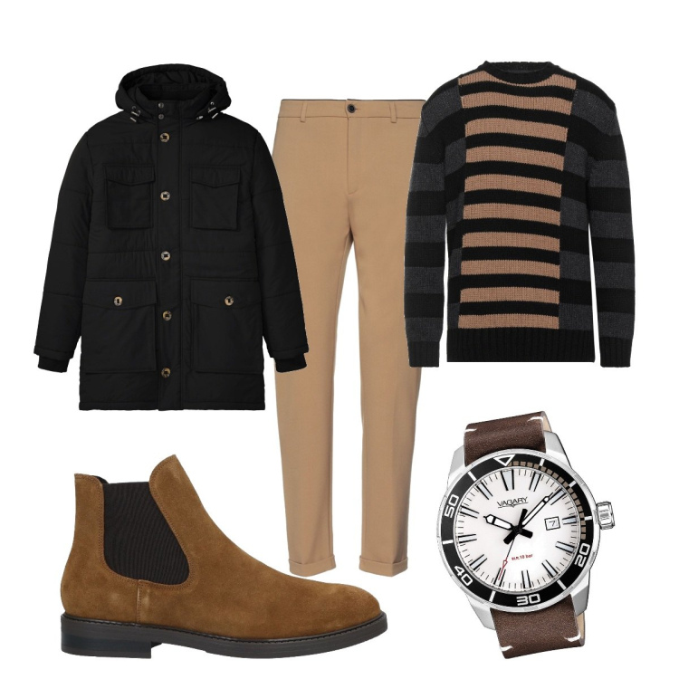 Outfit uomo - In ufficio giovedì. Stile Trendy per Ufficio. Abbinamento con parka, pantaloni, pullovers, stivali e stivaletti, orologi.