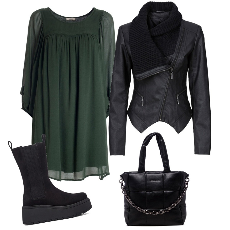 Outfit donna - Verdenero. Stile Rock per Tutti i giorni. Abbinamento con blazer, vestiti, stivaletti, borse a spalla.