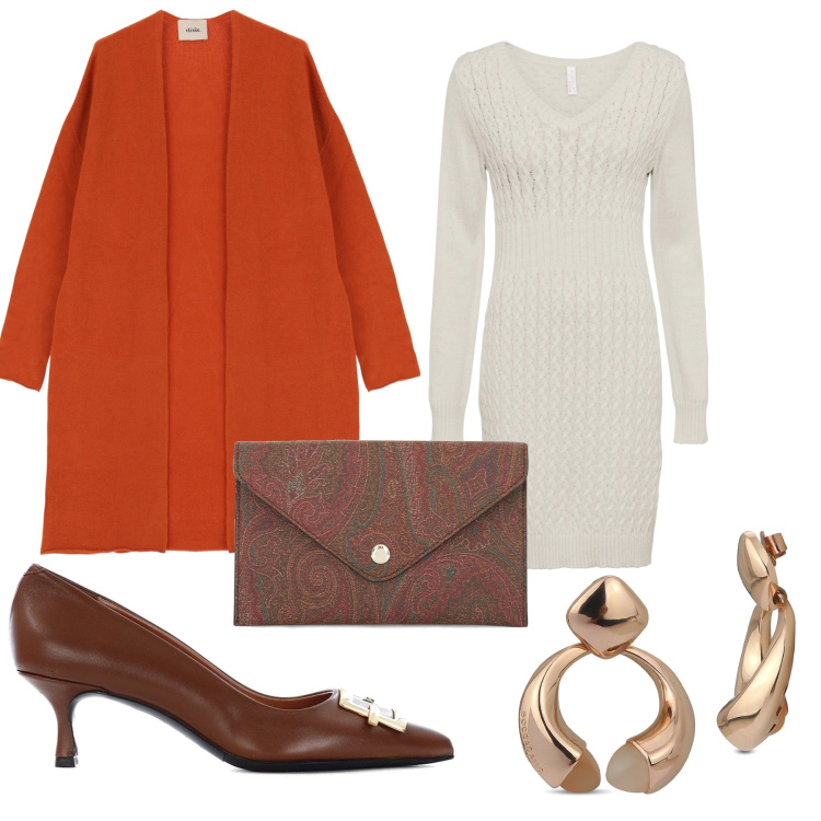 Outfit donna - Cappotto arancione. Stile Chic per Tutti i giorni. Abbinamento con vestiti, décolleté, orecchini, cardigans, pochette.