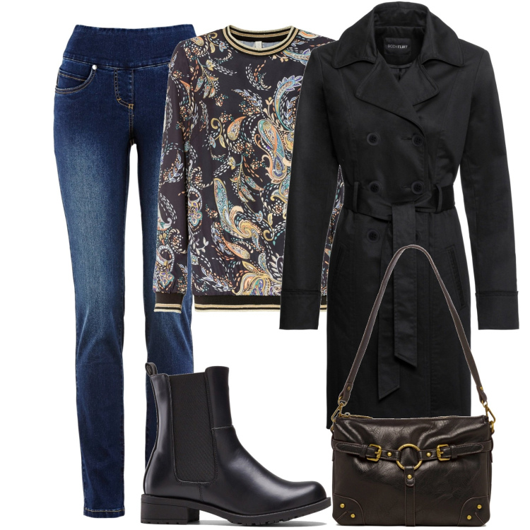Outfit donna - Total look #1536454. Stile Casual chic per Tutti i giorni. Abbinamento con trench, jeans, bluse, stivaletti, borse a spalla.