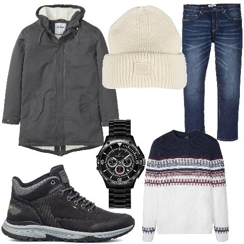 Outfit uomo - Scarponcini e jeans. Stile Casual per Tutti i giorni. Abbinamento con jeans dritti, parka, maglieria, anfibi, orologi, berretti.
