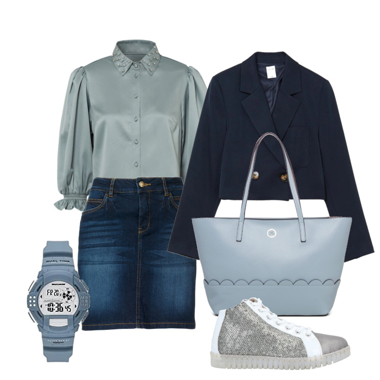 Outfit donna - Ghost outfitter - il blazer corto. Stile Casual chic per Tutti i giorni. Abbinamento con gonne, camicie, sneakers, blazer, borse a spalla, orologi analogici.