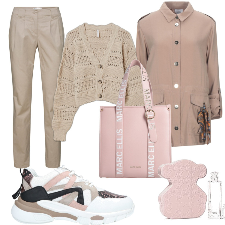 Outfit donna - Pink Ellis & Parfum. Stile Casual per Tutti i giorni. Abbinamento con pantaloni chino, sneakers, borse a mano, cappotti, cardigans, profumi.