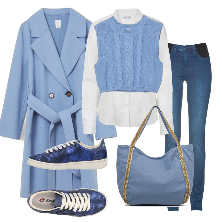Outfit donna - Il gilet azzurro. Stile Basic per Tutti i giorni. Abbinamento con camicie, jeans skinny, sneakers, cappotti, gilet, borse a spalla.